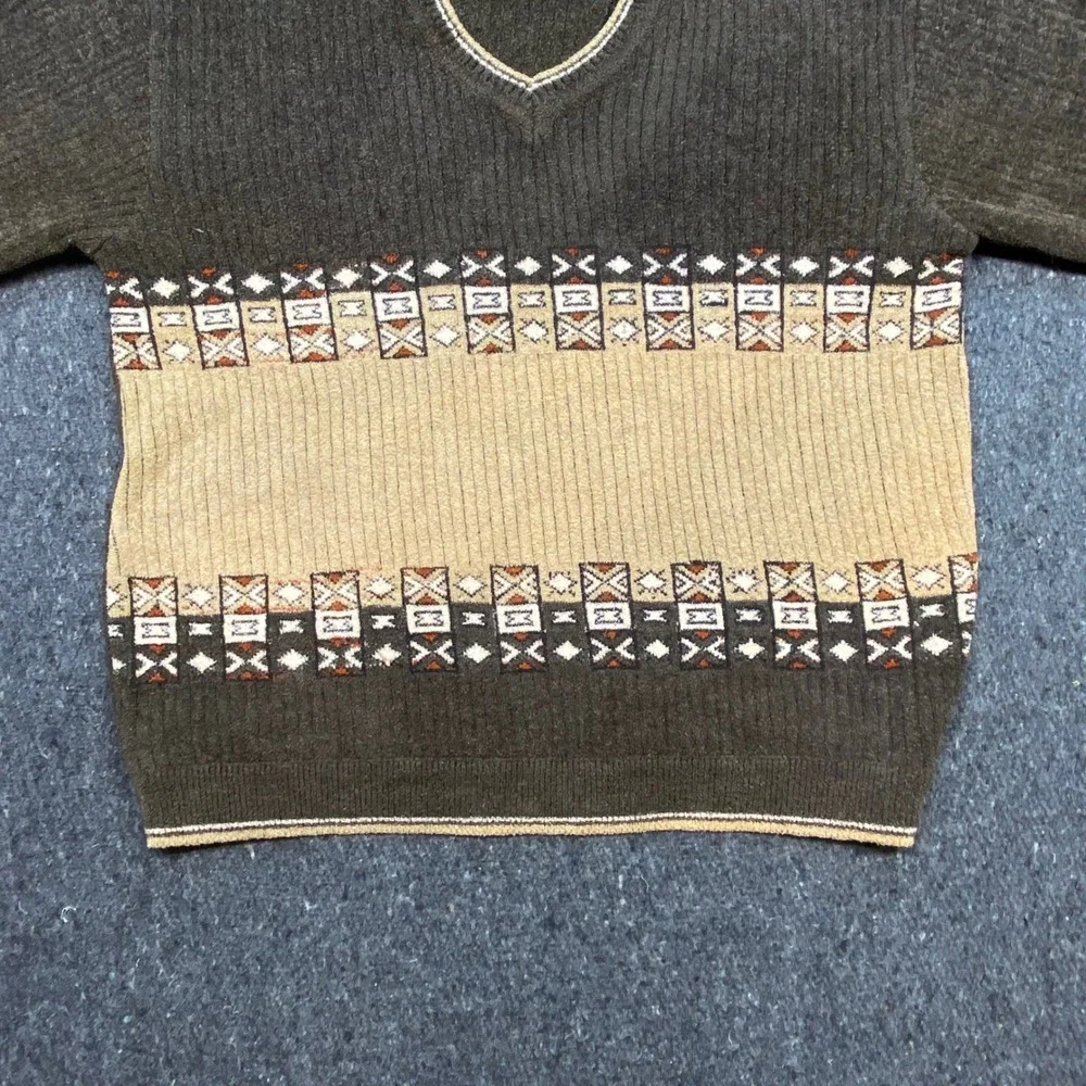 Genius Original Earth Tone Mens Large Brown Tan Geometric V-Neck Ribbed Sweater‎